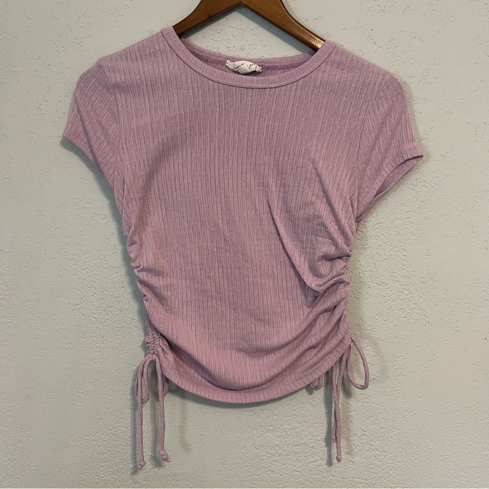 Kingston Grey Pastel Purple Cropped Fitted T-Shirt with Ruched Sides - Picture 2 of 9
